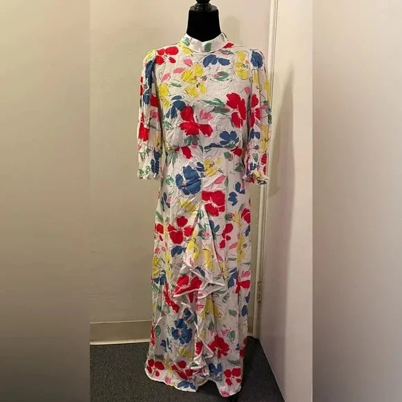 RIXO for TARGET Floral Mock Neck Cascade Ruffle‎ Dress in White